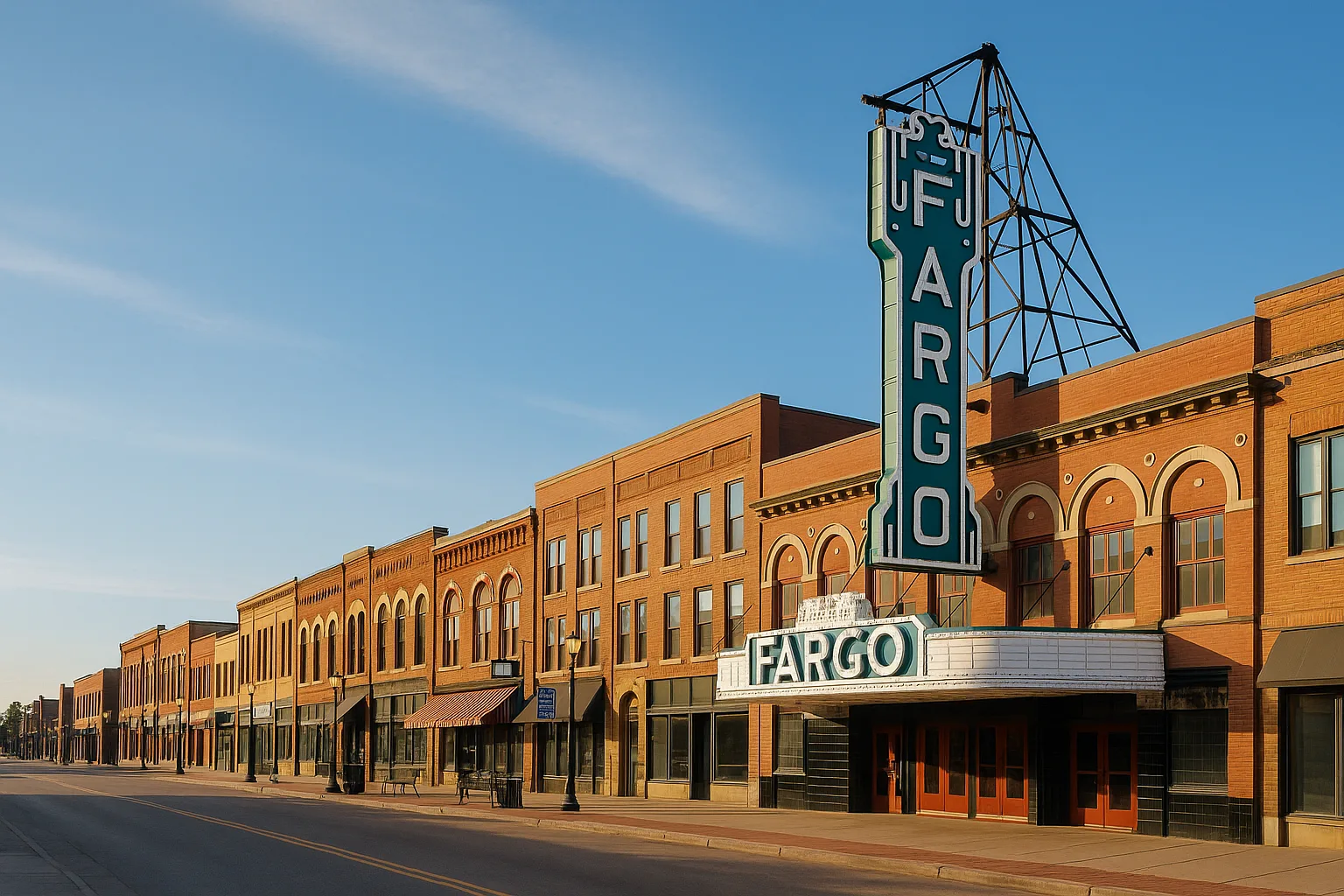 Downtown Fargo, North Dakota on a clear morning: the restored Fargo Theatre marquee and low brick storefronts along Broadway under a wide prairie sky.