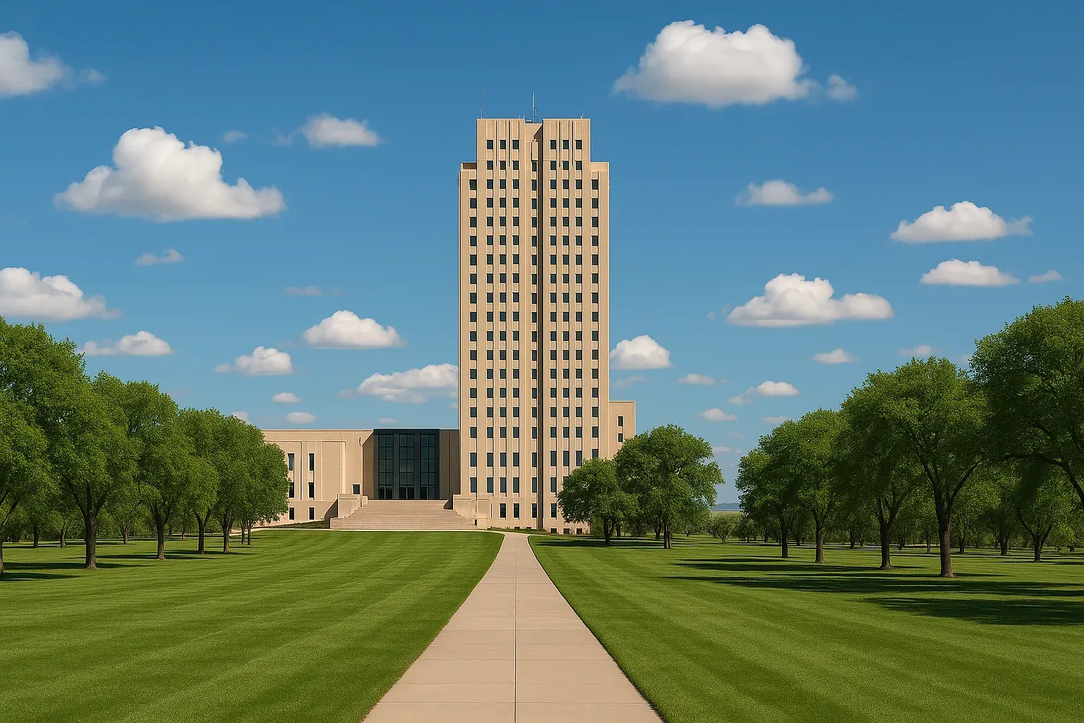 The North Dakota State Capitol in Bismarck, a tall art deco tower rising above the Great Plains under a wide open blue sky, leafy trees lining the approach.