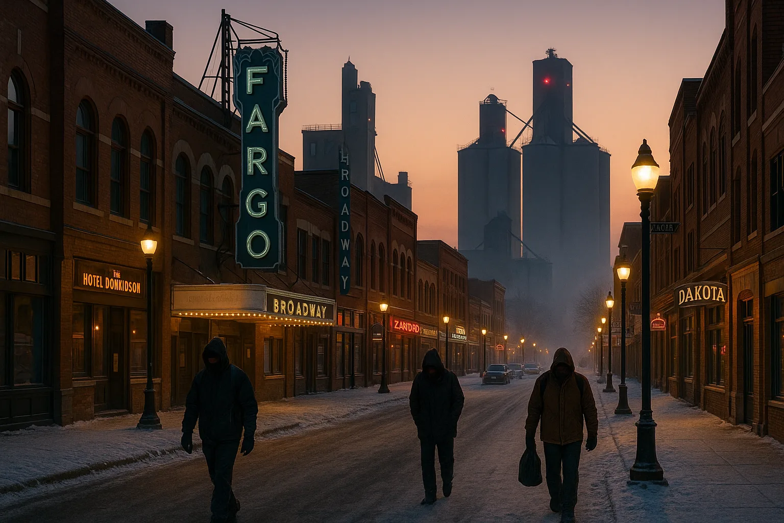 Fargo, North Dakota downtown at dawn, Broadway storefronts and grain elevators on the Red River with workers heading into the cold.