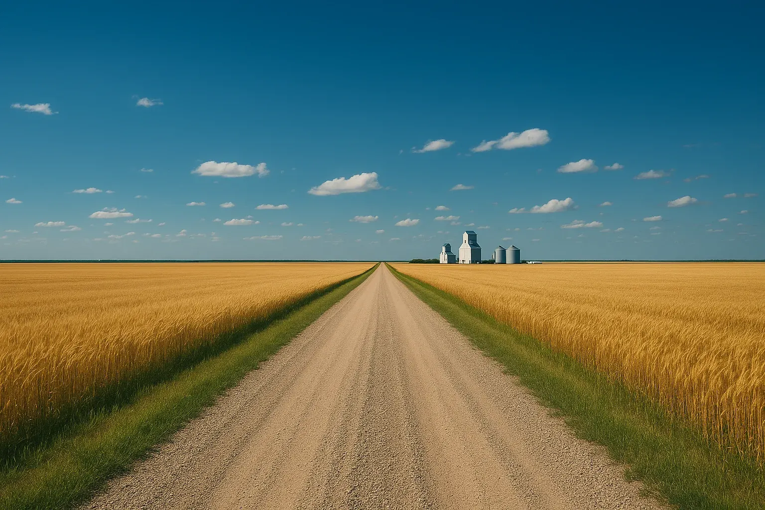 Wide open North Dakota prairie under a deep blue summer sky, grain elevators on the horizon, a straight gravel road cutting through golden wheat fields.