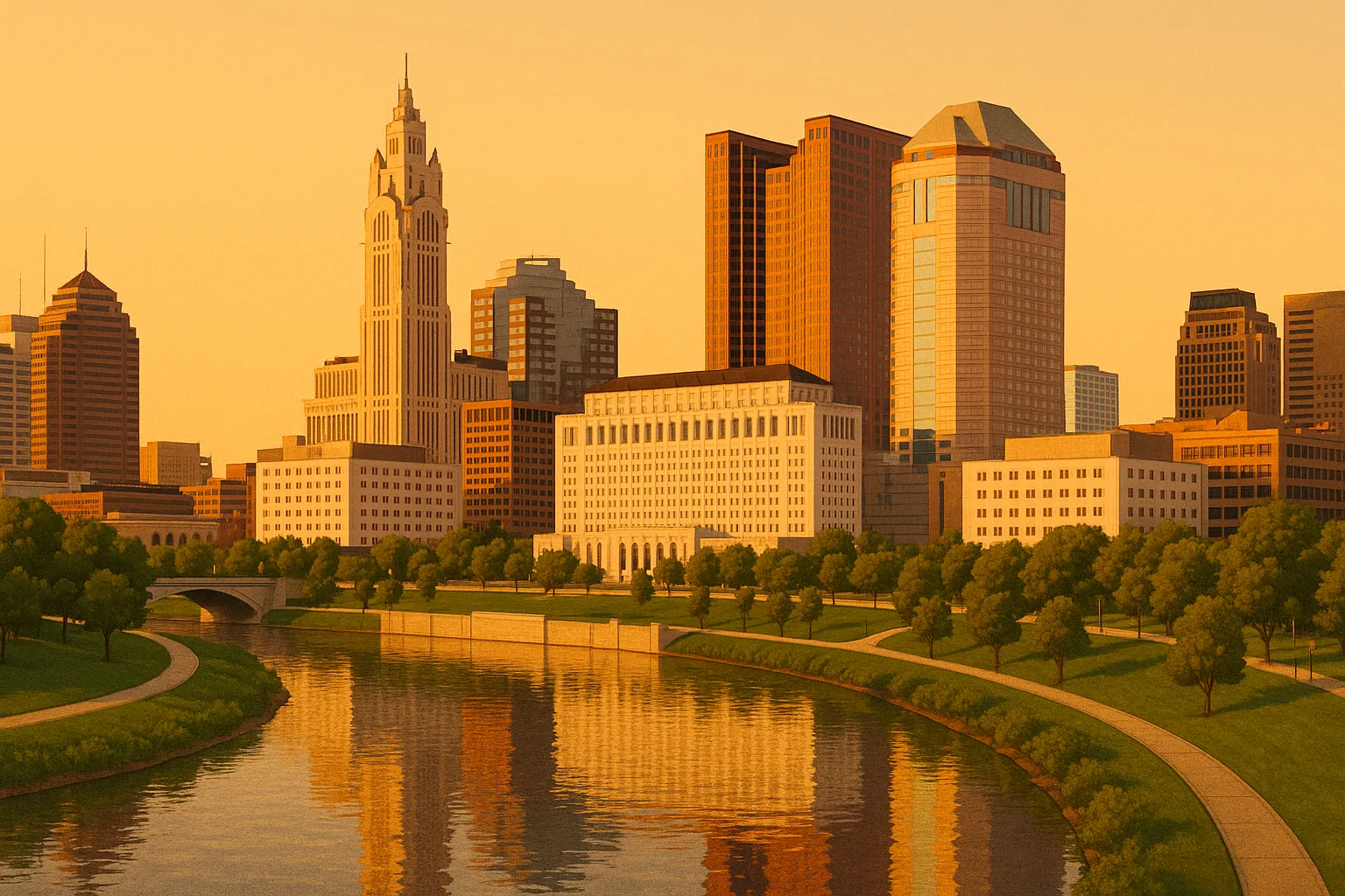A warm, wide illustration of the Columbus skyline at golden hour seen across the Scioto River, the LeVeque Tower and modern downtown towers among green riverfront parks under a clear amber sky.
