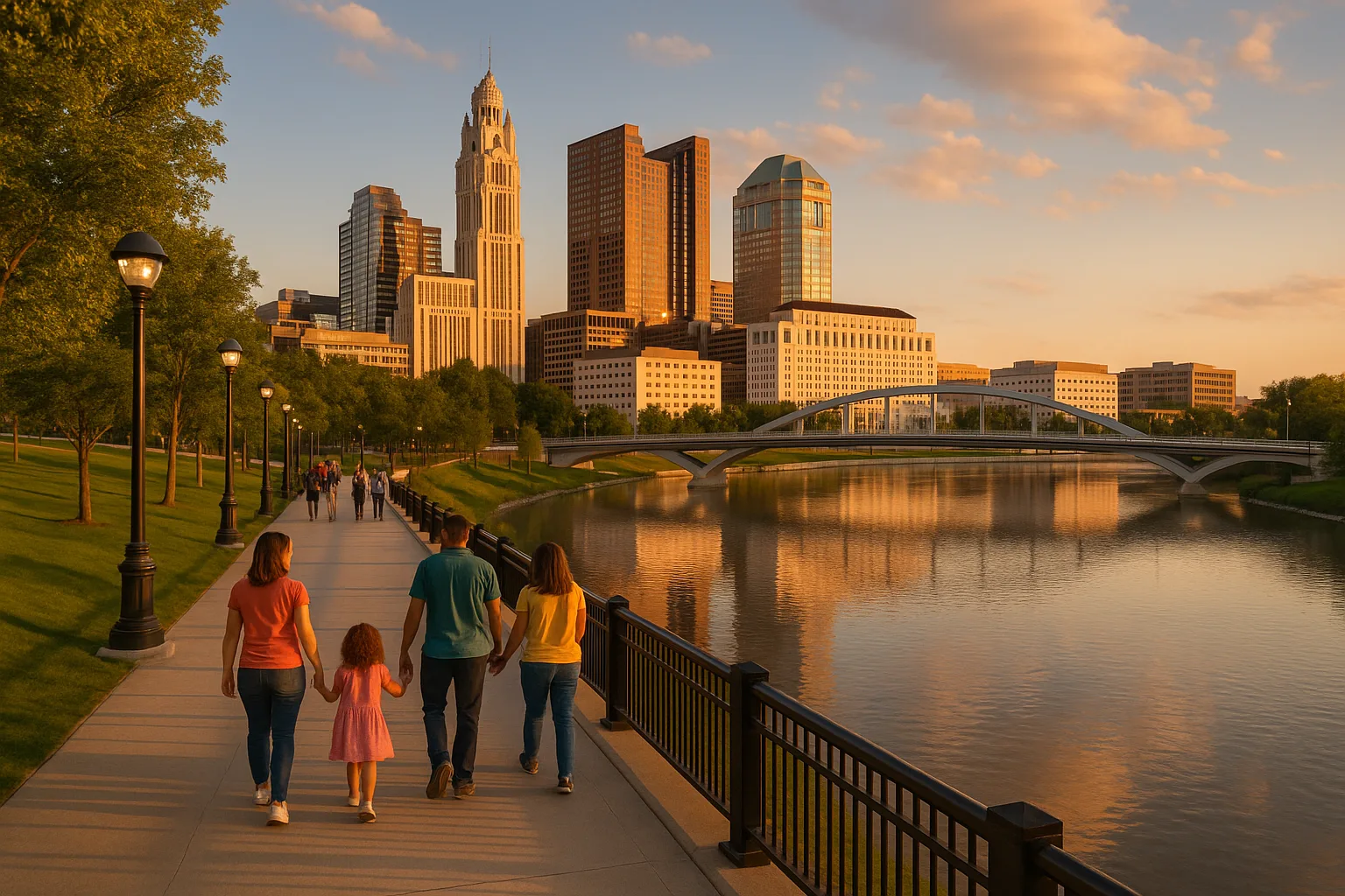 The Scioto Mile riverfront in downtown Columbus at golden hour, families walking the promenade beside the river as the Main Street bridge and city skyline catch the last light.