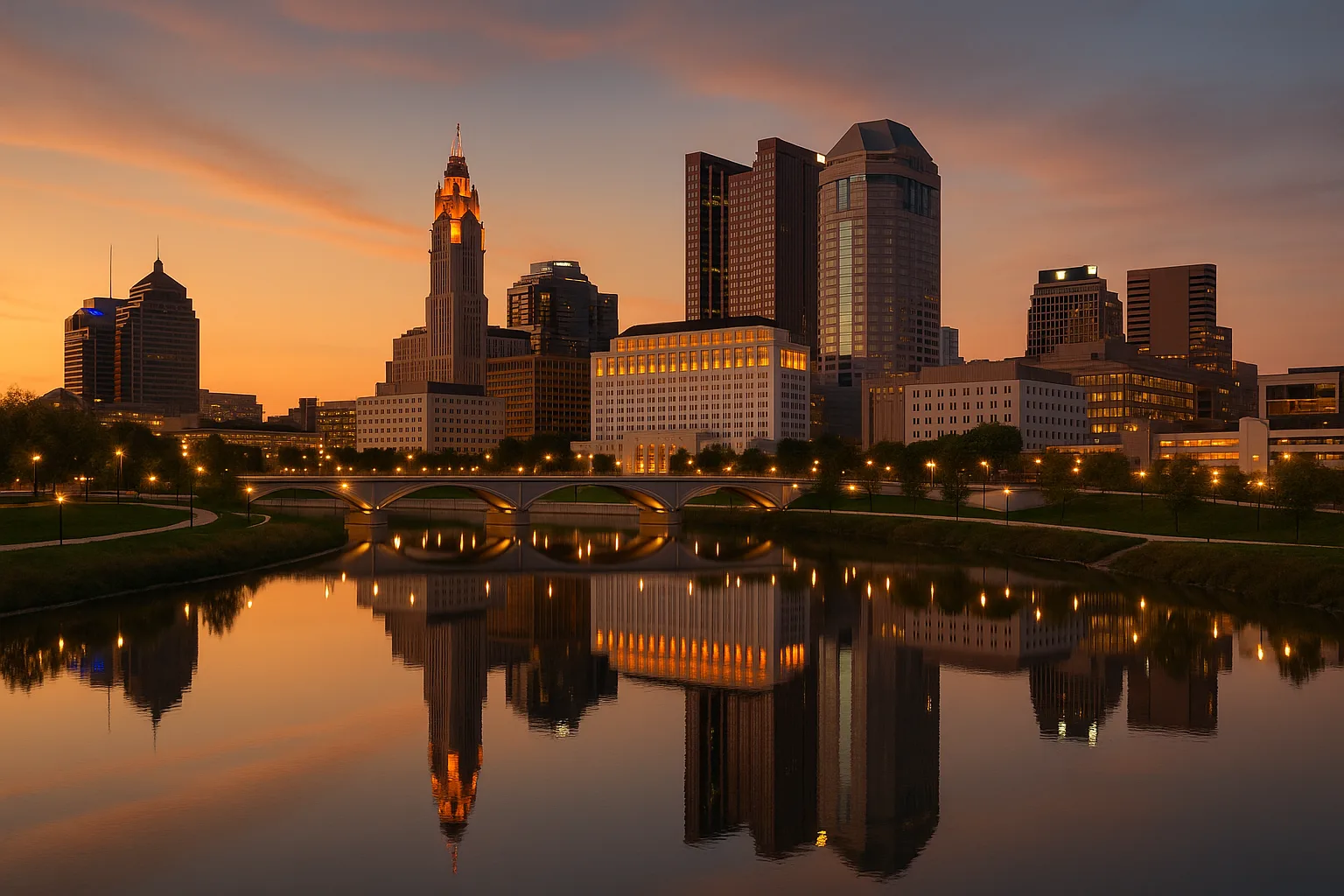 The Columbus, Ohio downtown skyline at dusk: the LeVeque Tower and riverfront office buildings reflected in the Scioto River under a warm evening sky.