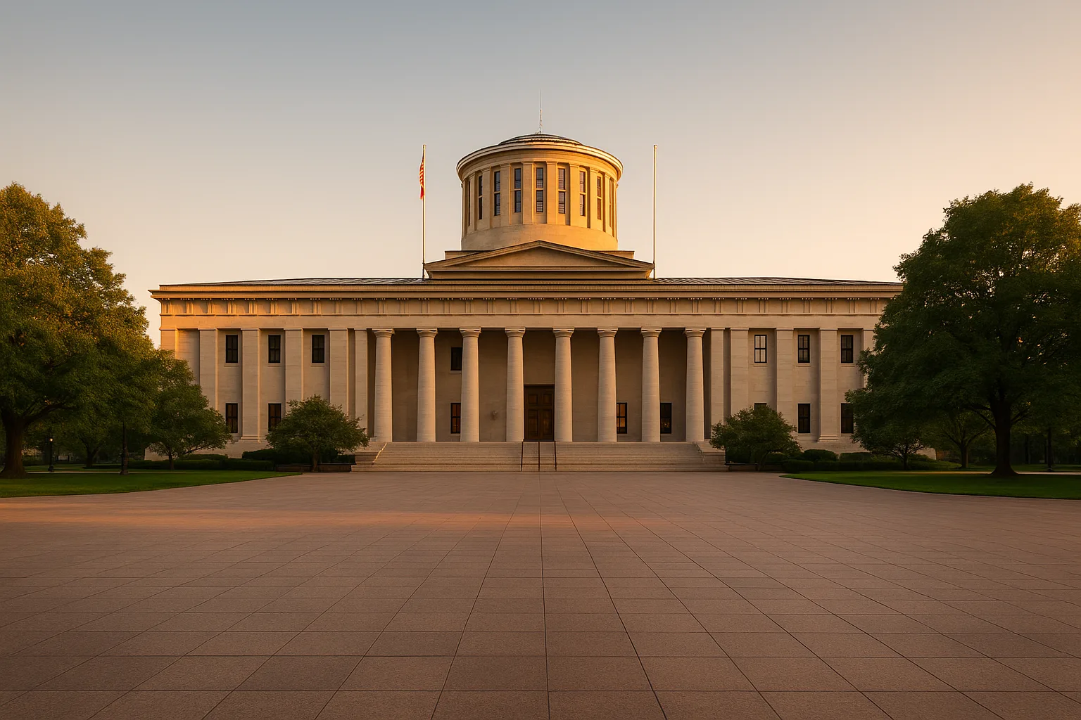 The Ohio Statehouse in Columbus at golden hour, its low Greek Revival limestone cupola rising above mature trees on the Capitol Square lawn, a wide empty plaza in the foreground beneath a warm clear sky.