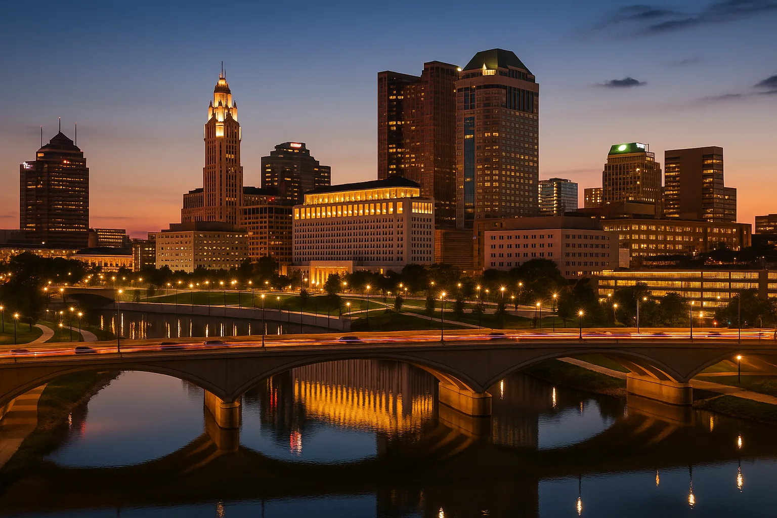 Columbus, Ohio downtown skyline at dusk along the Scioto River, office towers lit behind the riverfront and a busy bridge as workers head home.