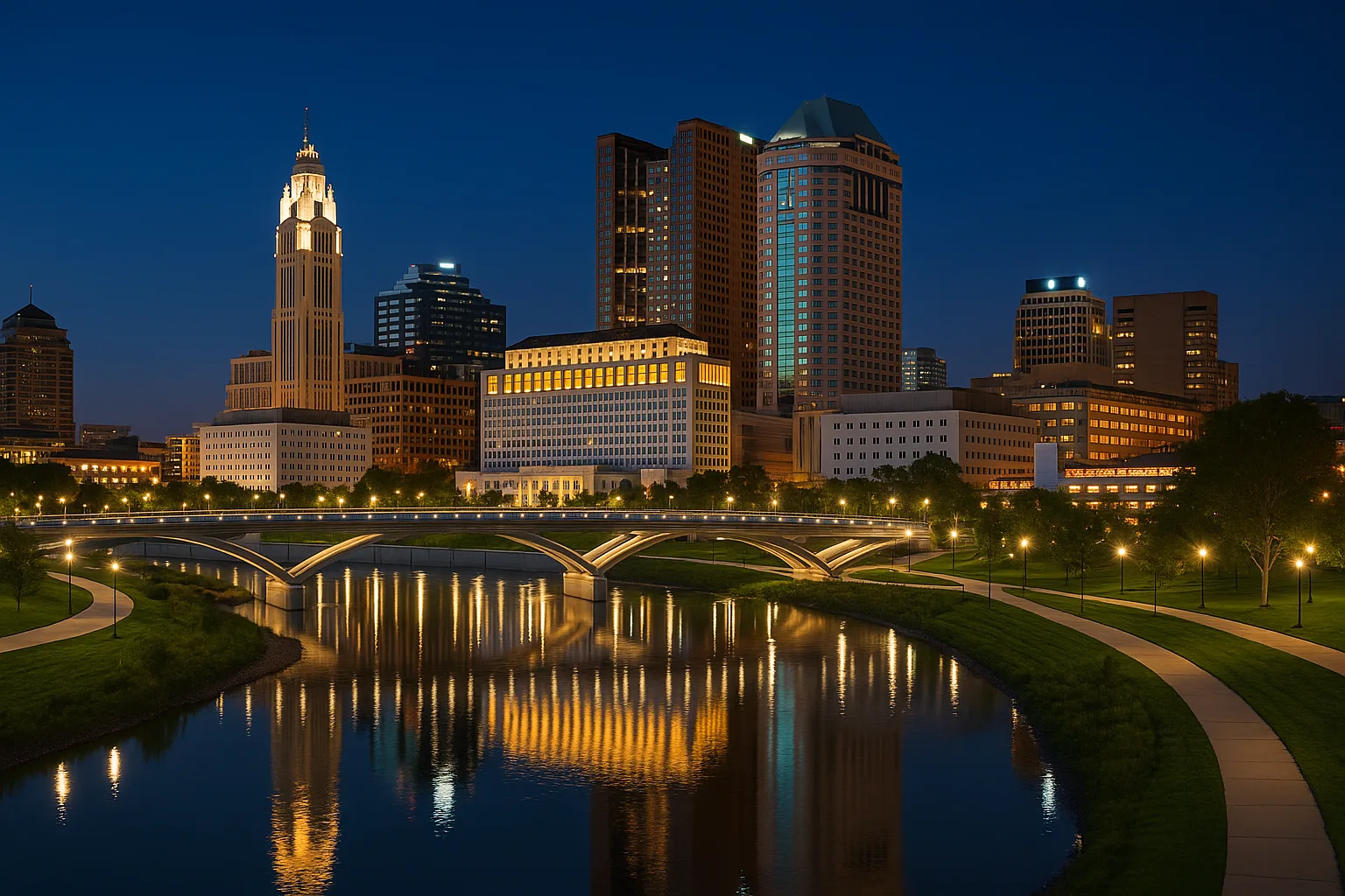 Downtown Columbus skyline at twilight seen from across the Scioto River, glass towers lit against a deepening blue sky, the riverfront greenway in the foreground.
