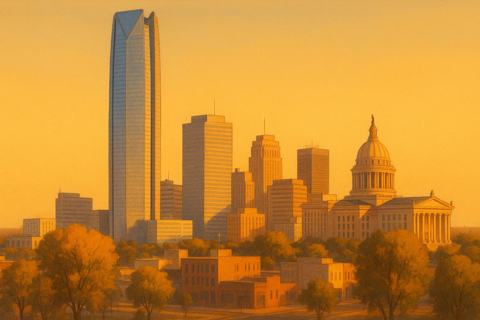 A warm, wide illustration of the Oklahoma City skyline at golden hour, the Devon Tower rising above the downtown towers, the Oklahoma State Capitol dome to one side, prairie cottonwoods along the near streets under a clear amber sky.