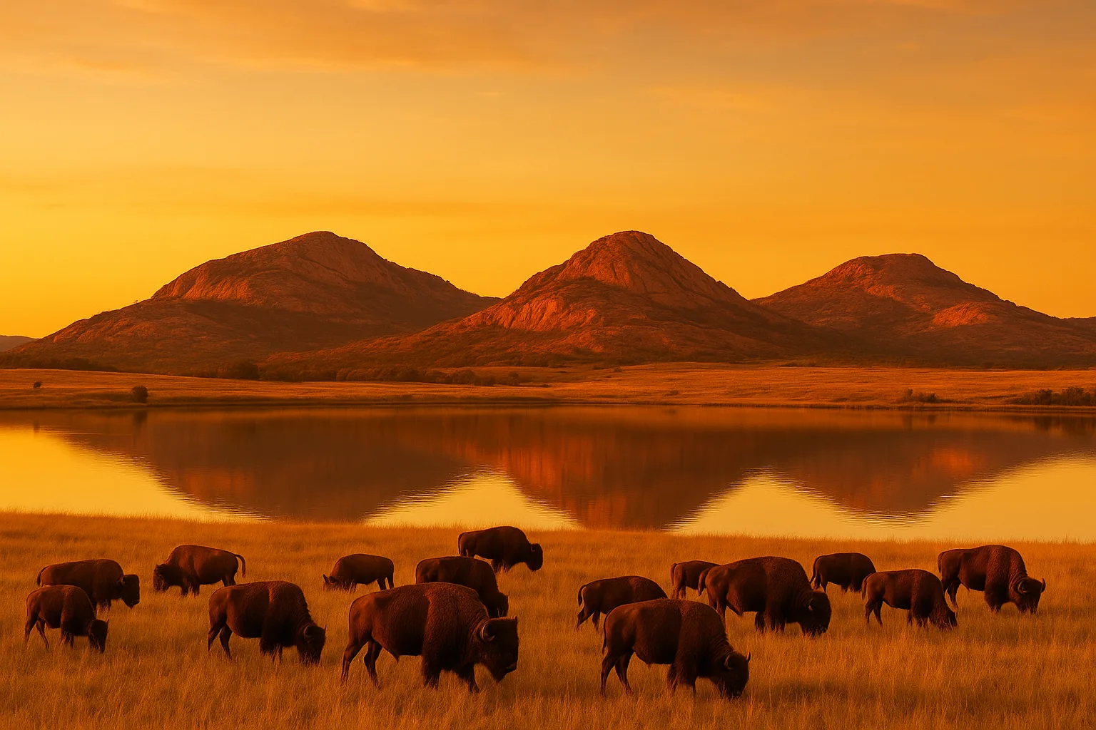 Golden hour over the Wichita Mountains in southwest Oklahoma, red granite peaks above tallgrass prairie, a herd of bison grazing beside a glassy lake under a wide amber sky.