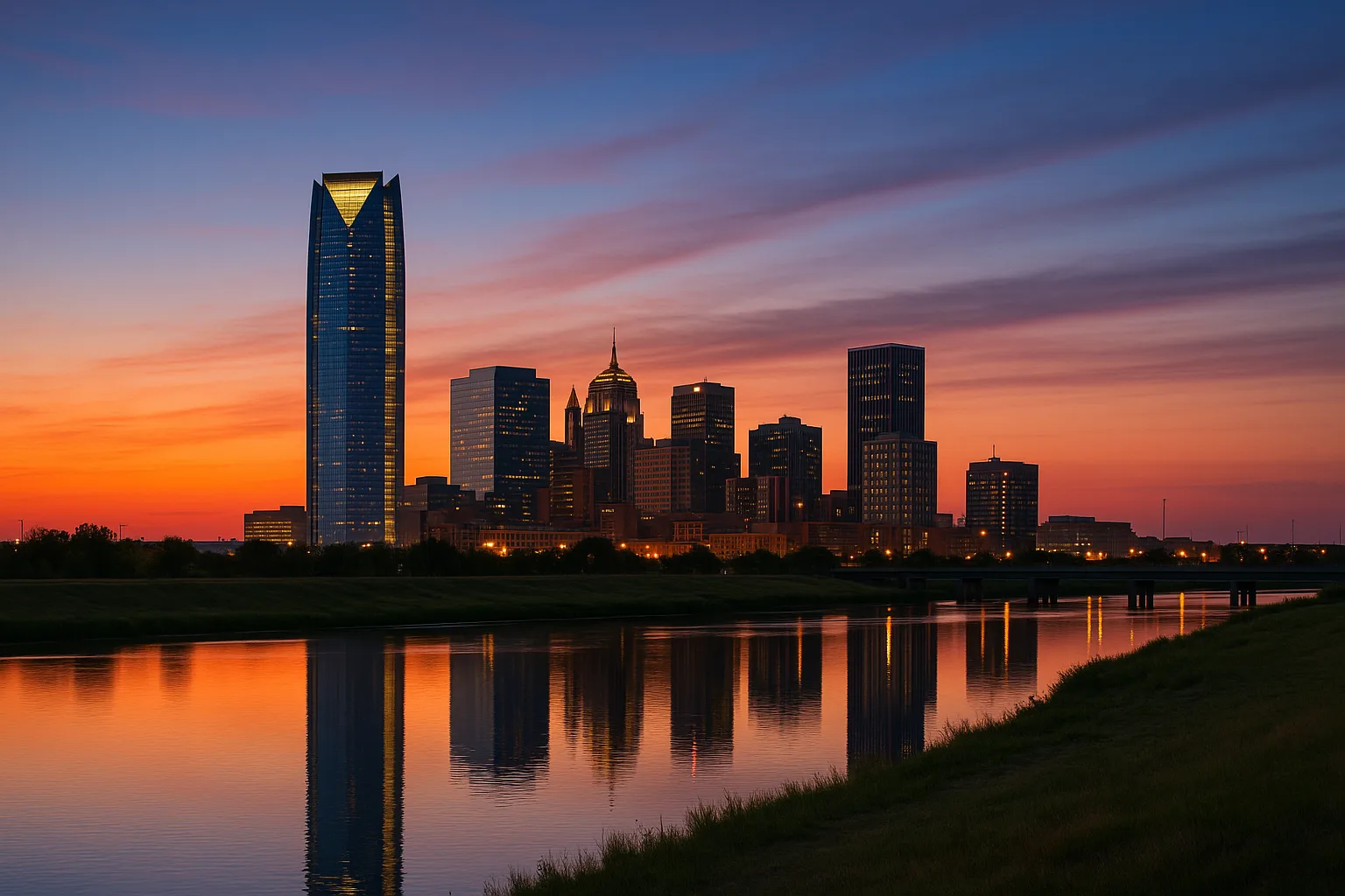 The Oklahoma City skyline at dusk: the Devon Tower and downtown office buildings rising above the Oklahoma River, with prairie light fading across a wide plains sky.