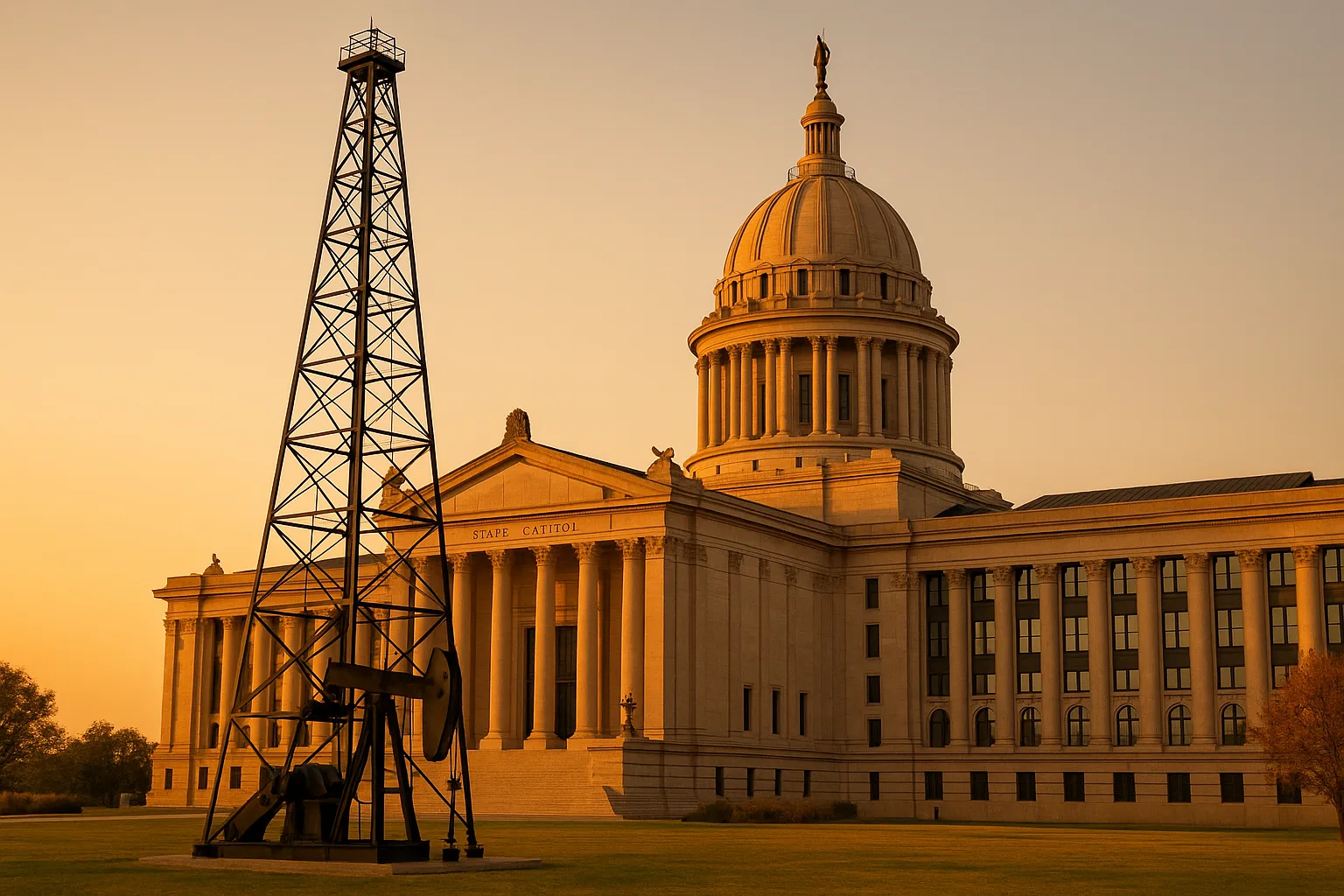 The Oklahoma State Capitol in Oklahoma City at golden hour, the working oil derrick on the south lawn in the foreground, the limestone dome rising against a warm clear plains sky.