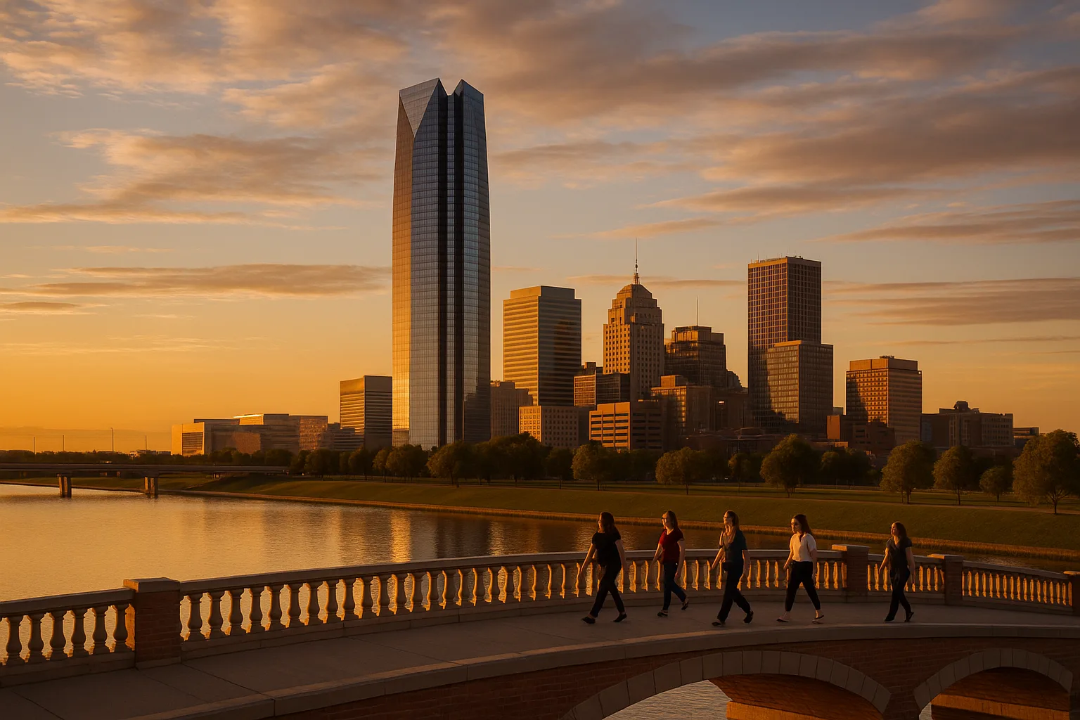 Oklahoma City at golden hour: the Devon Tower and downtown office towers rising above the Oklahoma River, workers crossing a Bricktown footbridge below a wide plains sky.