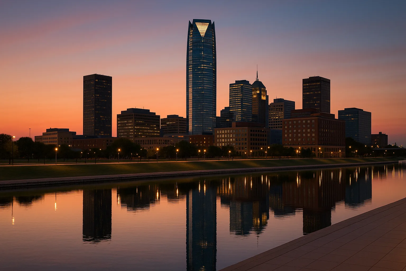 Oklahoma City skyline at dusk with the Devon Tower and mid-rise office buildings reflected on the calm surface of the Oklahoma River, a wide pedestrian promenade in the foreground.