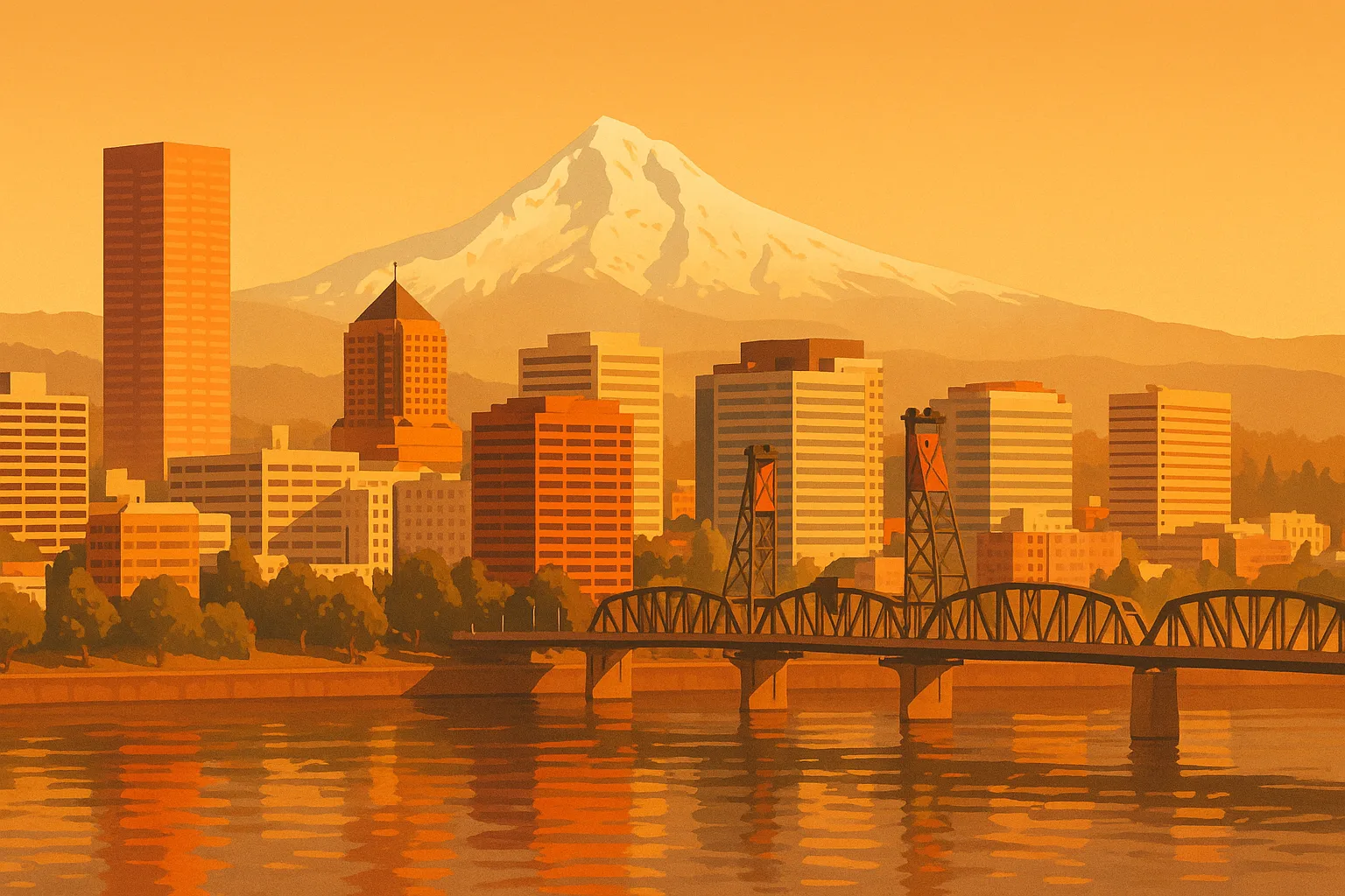 A warm, wide illustration of the Portland skyline at golden hour seen across the Willamette River, the white Mount Hood peak rising behind the downtown towers and the Hawthorne Bridge in the foreground under a clear amber sky.