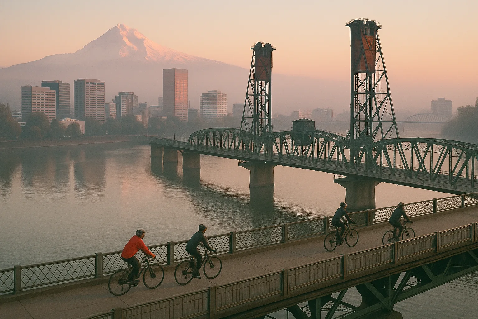 Mount Hood catching first light above the Willamette River, the Portland skyline and Hawthorne Bridge in the foreground as cyclists cross in soft morning haze.