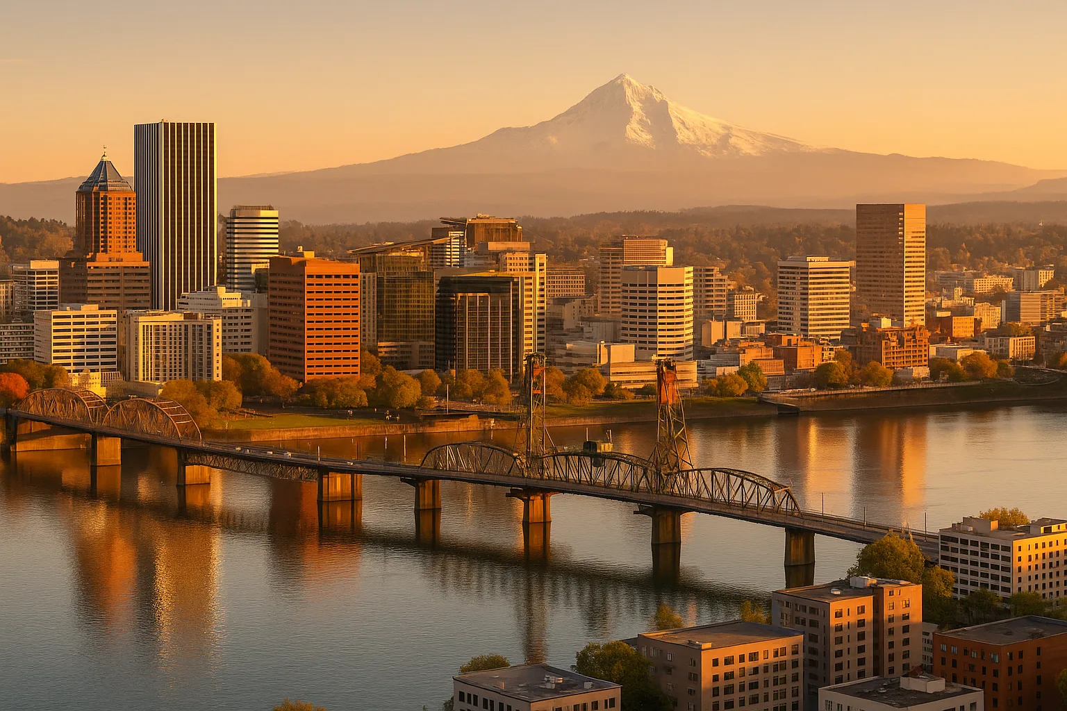 Portland, Oregon skyline at golden hour with the downtown bridges over the Willamette River and the snow-capped peak of Mount Hood rising behind the city.