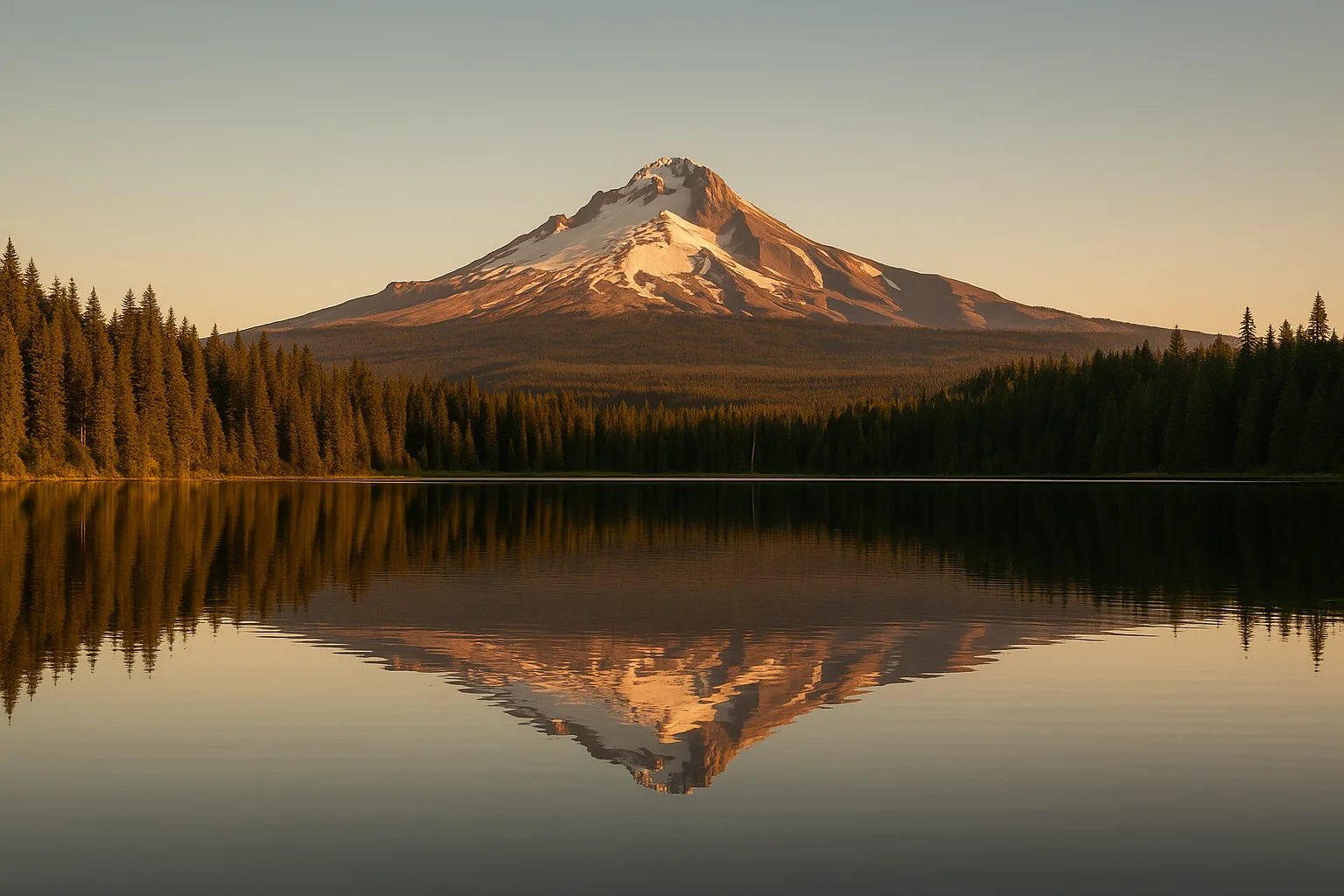 Mount Hood at golden hour seen across a calm reflecting lake in the Oregon Cascades, evergreen forest along the shoreline, a wide still foreground beneath a warm clear sky.