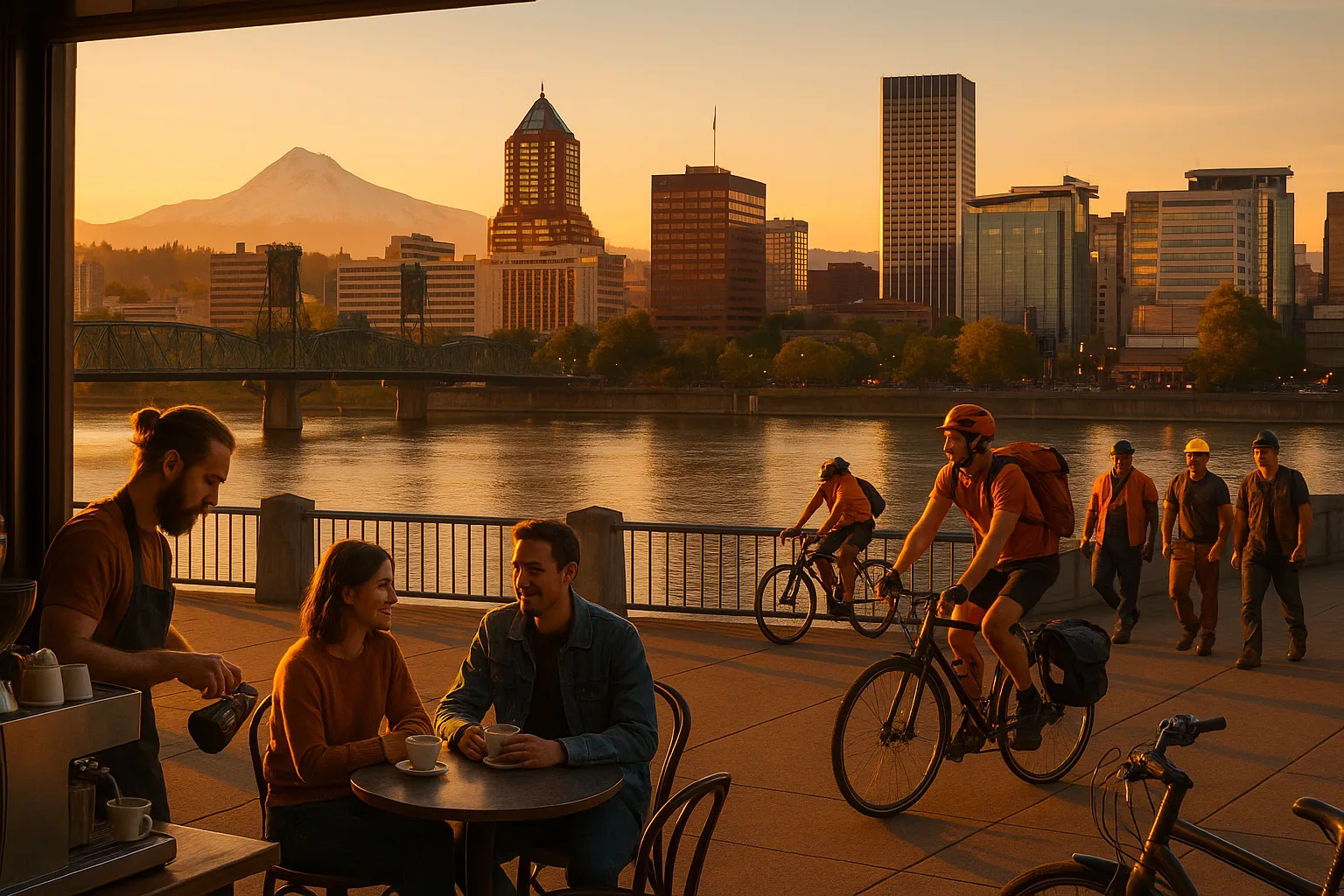 Portland, Oregon at golden hour: café roasters, bike couriers and warehouse crews finishing shifts along the Willamette riverfront, the city bridges and a snow-capped Mount Hood glowing behind the downtown skyline.
