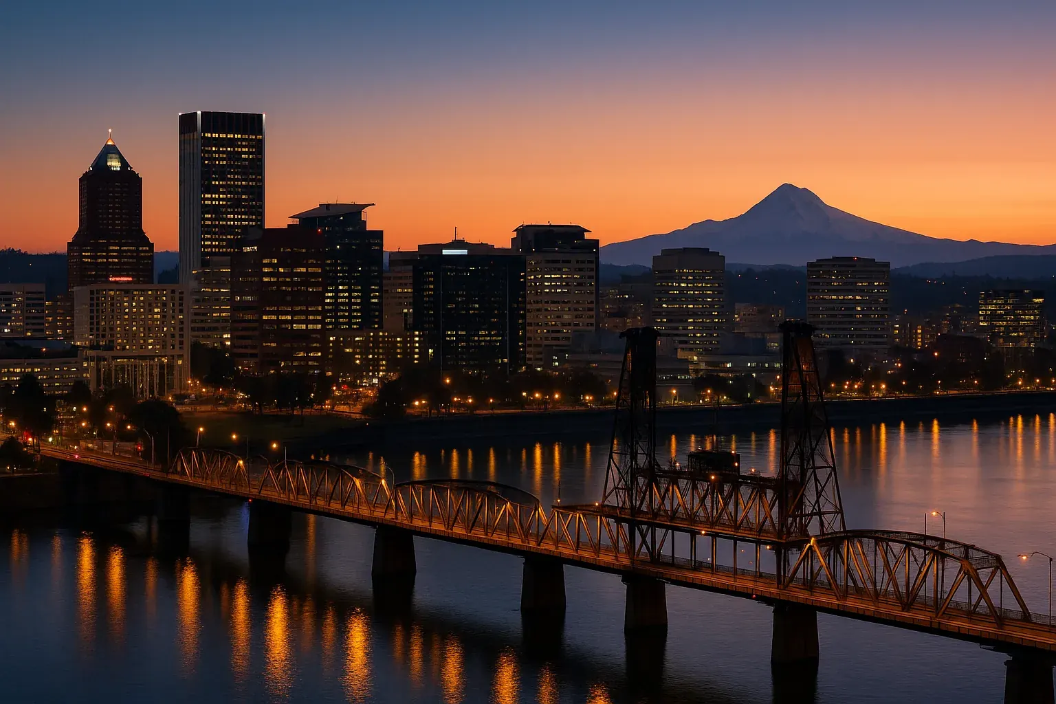 Portland skyline viewed from across the Willamette River at dusk, Mt Hood visible on the horizon, a steel bridge in the foreground lit by amber street lamps.
