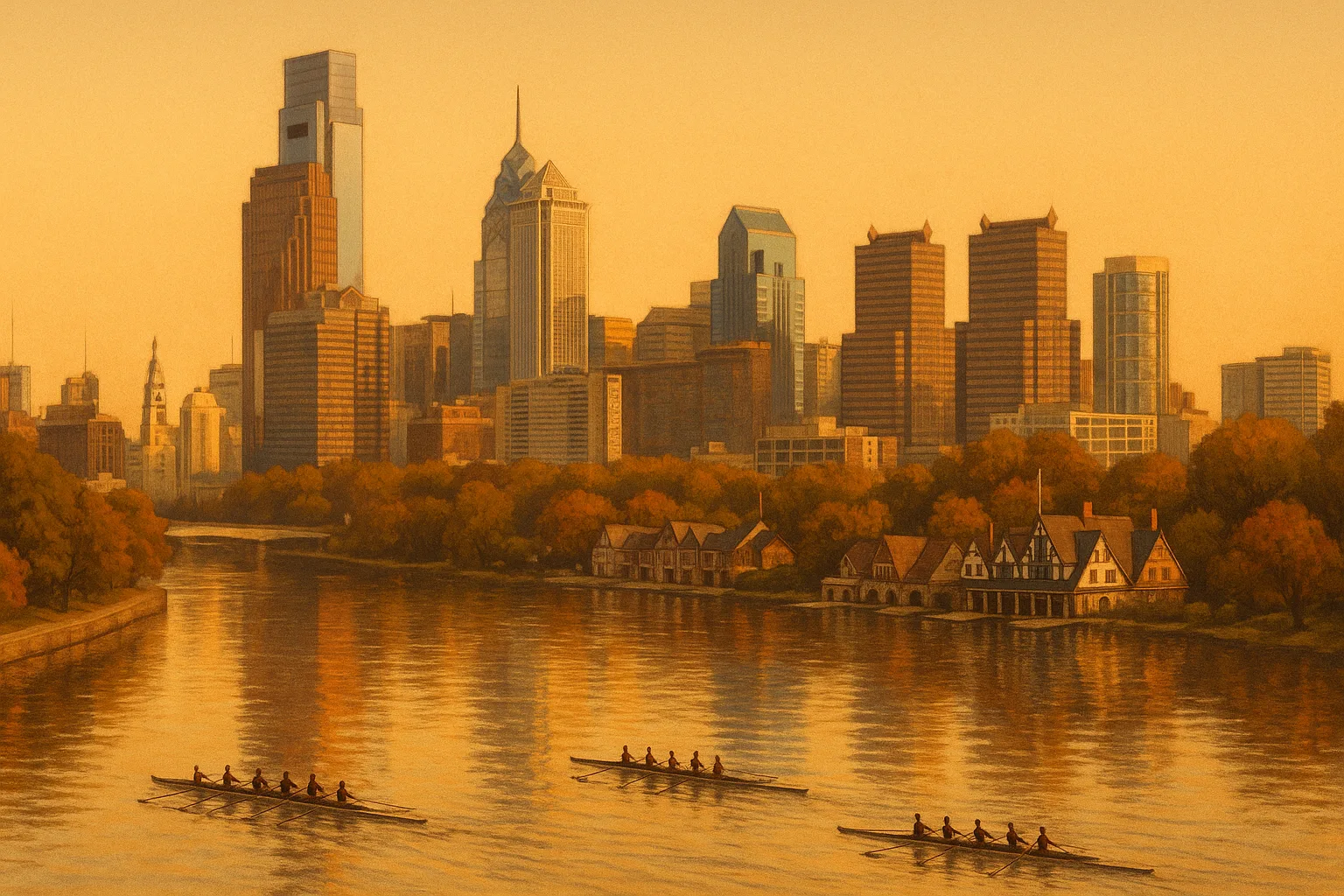 A warm, wide illustration of the Philadelphia skyline at golden hour seen across the Schuylkill River, City Hall tower and Boathouse Row among modern towers, sculls on the water under a clear amber sky.