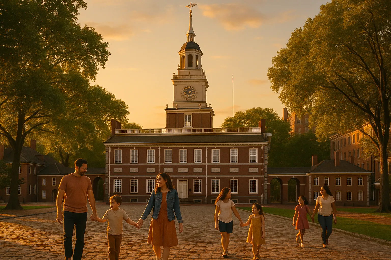 Philadelphia at golden hour, families crossing the cobbled square outside Independence Hall, the brick clock tower and old city rooftops glowing behind a row of leafy trees.