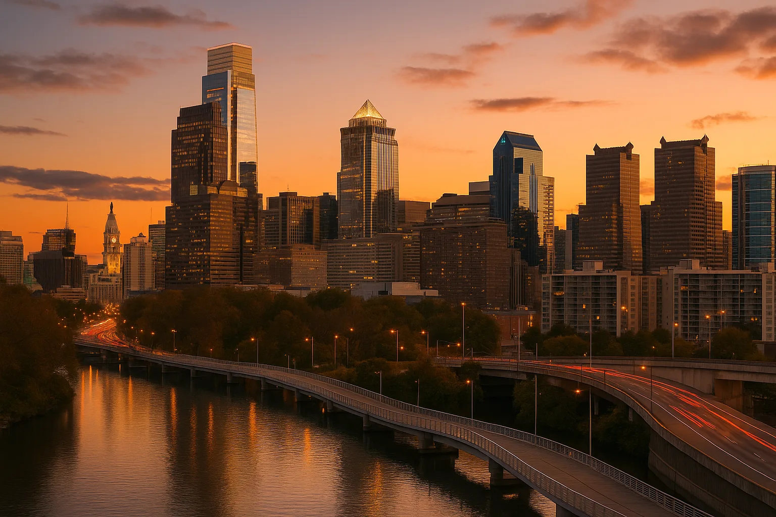 Philadelphia skyline at dusk: the Comcast towers and City Hall clock tower rising over Center City, the Schuylkill River and Benjamin Franklin Parkway in the warm evening light.