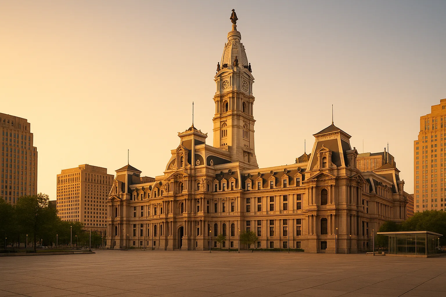 Philadelphia City Hall at golden hour, the William Penn statue atop the ornate tower, broad empty plaza of Dilworth Park in the foreground beneath a warm clear sky.