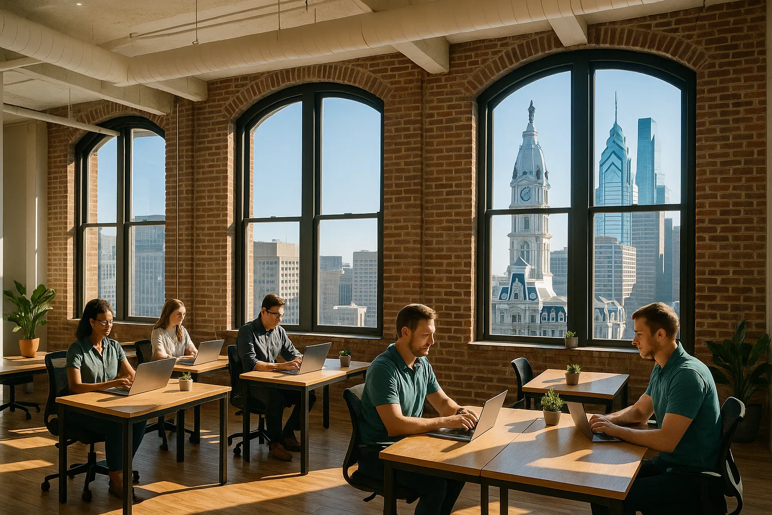 A bright Philadelphia open-plan office in Center City, staff at desks with laptops, exposed brick and tall arched windows framing the City Hall clock tower and Comcast towers in the morning light.