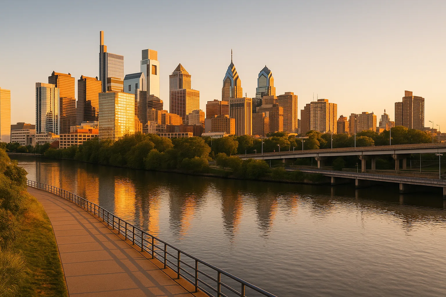 Philadelphia skyline at golden hour seen across the Schuylkill River, glass towers catching warm light, a wide riverbank path in the foreground beneath a clear sky.