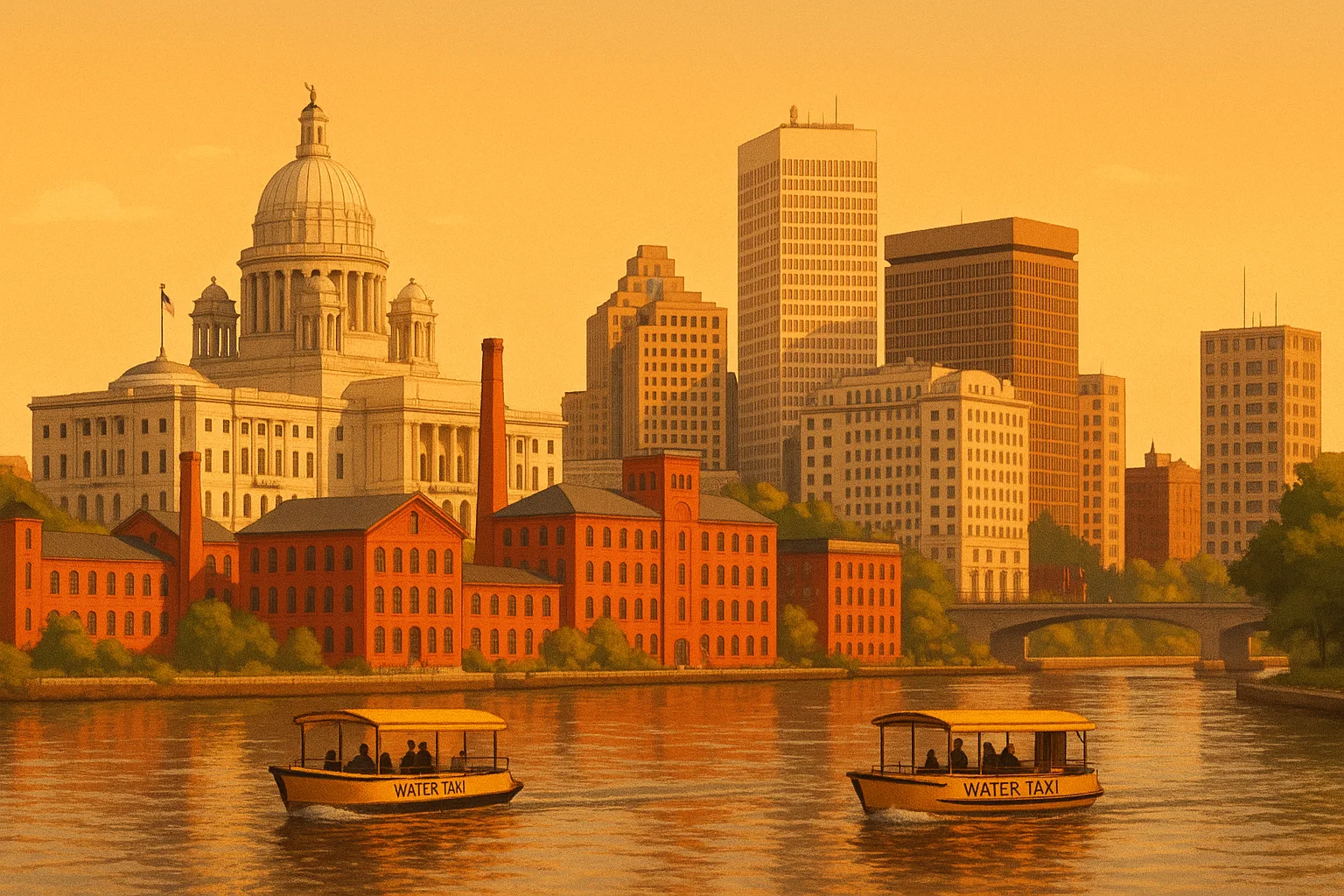 A warm, wide illustration of the Providence skyline at golden hour seen across the Providence River, the white marble dome of the Rhode Island State House above red-brick mills and modern towers, water taxis on the river under a clear amber sky.