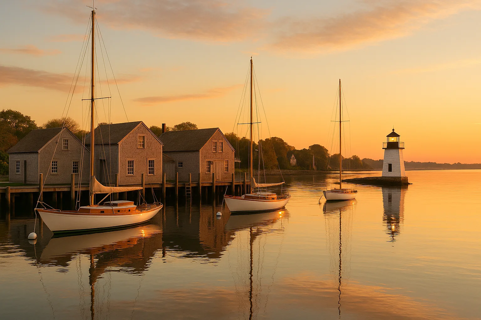 Newport Harbor at first light, wooden sailboats moored along the Rhode Island shoreline, weathered clapboard wharf buildings and a lighthouse catching the early sun across calm water.