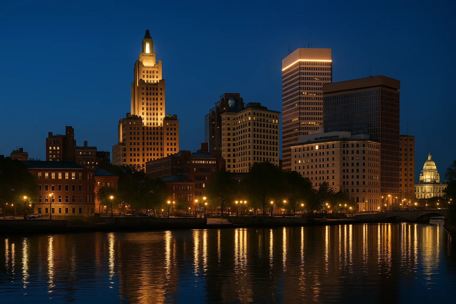 The Providence, Rhode Island skyline at dusk: the Industrial Trust building and downtown towers above the Providence River, with the marble State House dome lit pale against a deep blue evening sky.