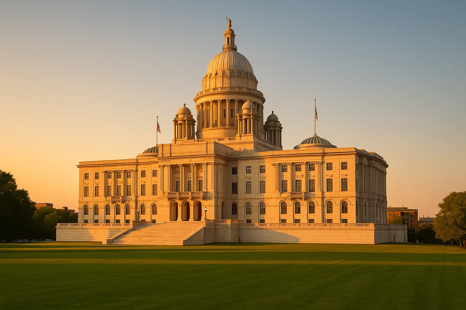 The Rhode Island State House in Providence at golden hour, its white Georgian marble dome rising above the city, a wide green lawn in the foreground beneath a warm clear sky.