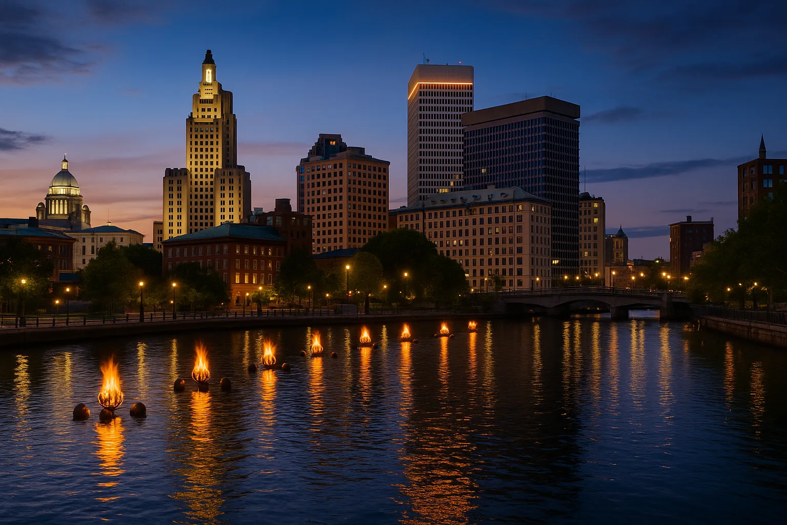 Providence, Rhode Island skyline at dusk over the Providence River, the Superman Building and State House dome lit above WaterFire braziers on the water.