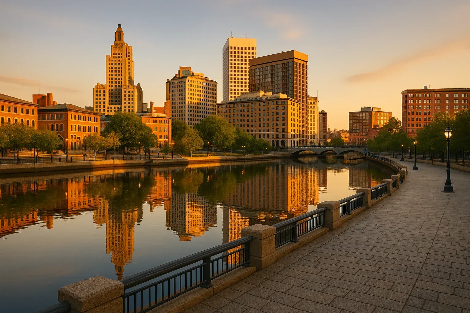 Providence, Rhode Island waterfront at golden hour, the historic Waterplace Park and river walks lit by warm low sun, the skyline of brick and glass buildings reflected on calm water, a wide stone promenade in the foreground.