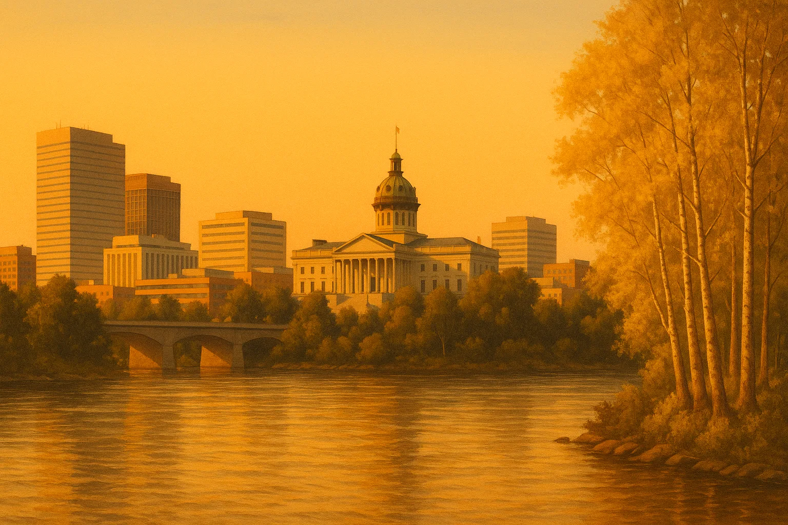 A warm, wide illustration of the Columbia skyline at golden hour seen across the Congaree River, the South Carolina State House dome among low downtown towers, river birches along the near bank under a clear amber sky.