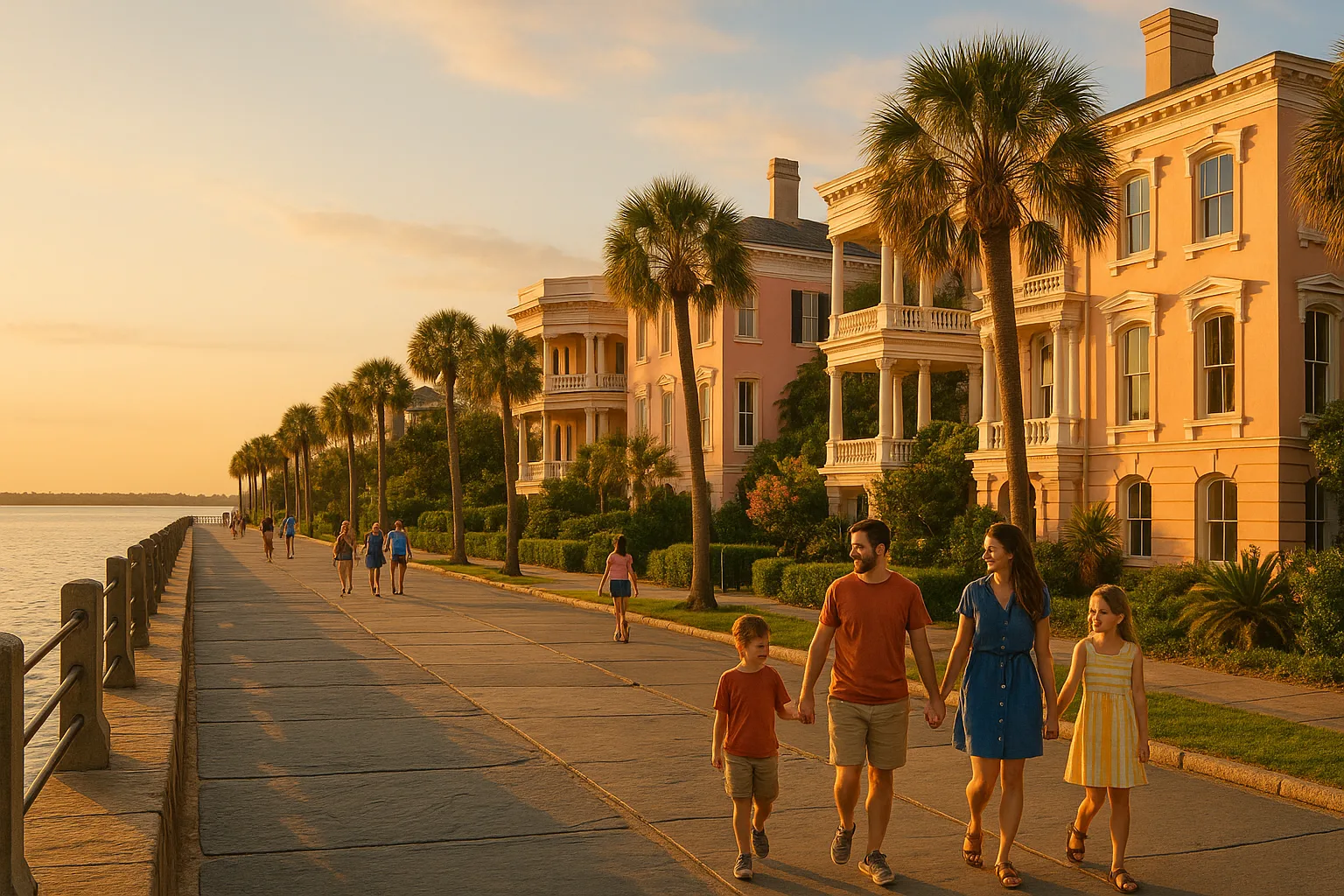 Charleston's Battery at golden hour, families walking the seawall promenade past pastel antebellum mansions and palmetto trees, the harbour glinting beyond the wrought-iron railings.