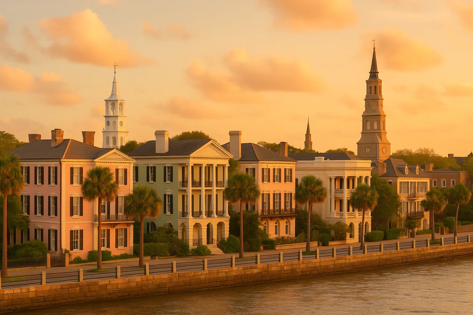 The historic Charleston, South Carolina waterfront at golden hour: pastel antebellum row houses along the Battery, palmetto trees, and church steeples rising above the harbour under a warm Lowcountry sky.
