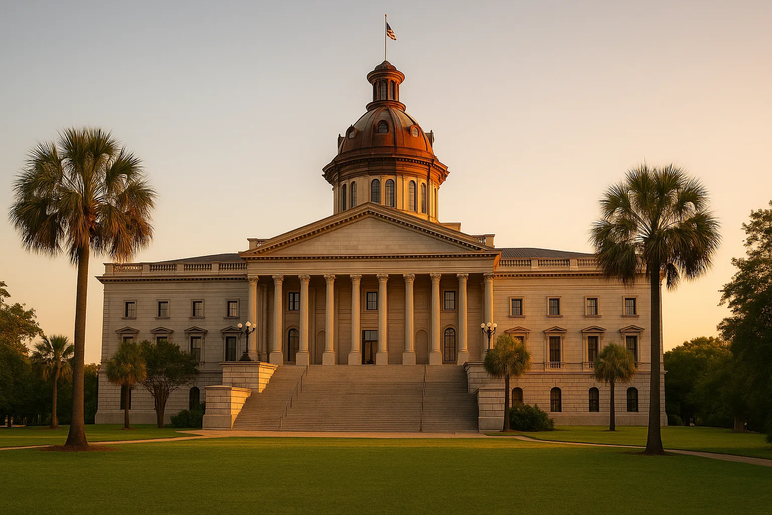 The South Carolina State House in Columbia at golden hour, its copper dome and white stone columns rising above palmetto trees, a wide quiet lawn in the foreground beneath a warm clear sky.