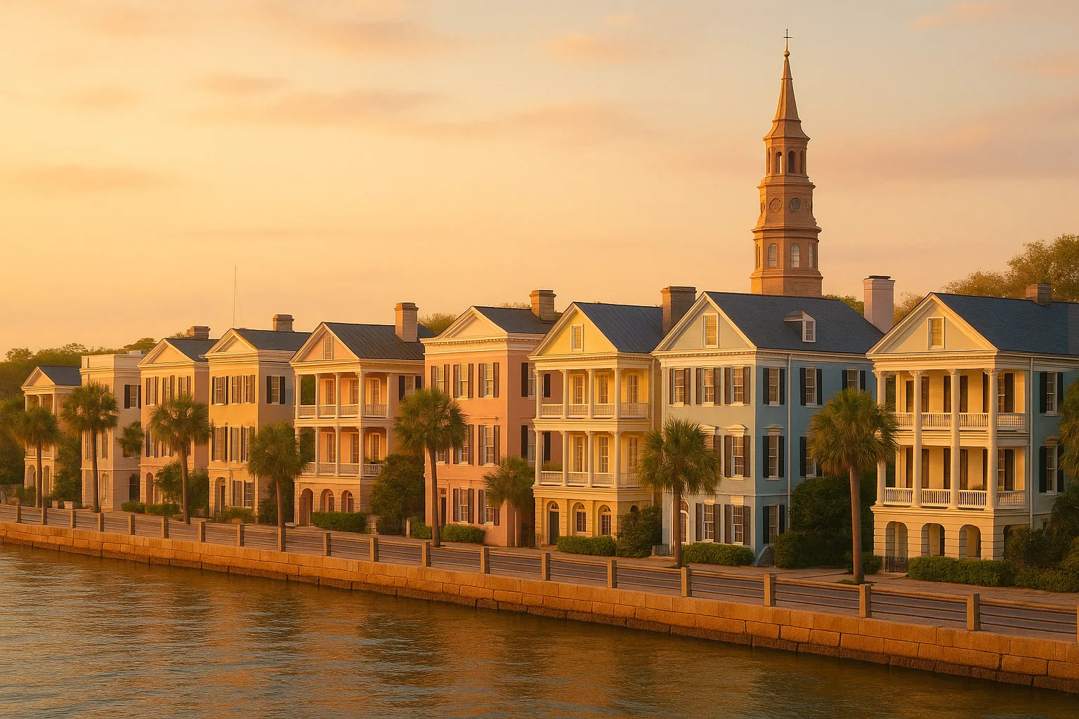 Charleston, South Carolina waterfront at golden hour, pastel single houses along the Battery with palmetto trees and a church steeple rising over the harbour.