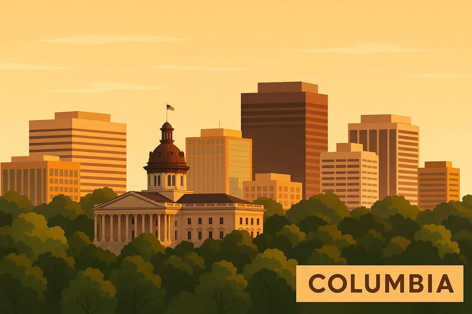 A warm, wide illustration of the Columbia, South Carolina skyline at golden hour, the State House dome and modern office buildings above the trees of a green Midlands city under a clear amber sky.