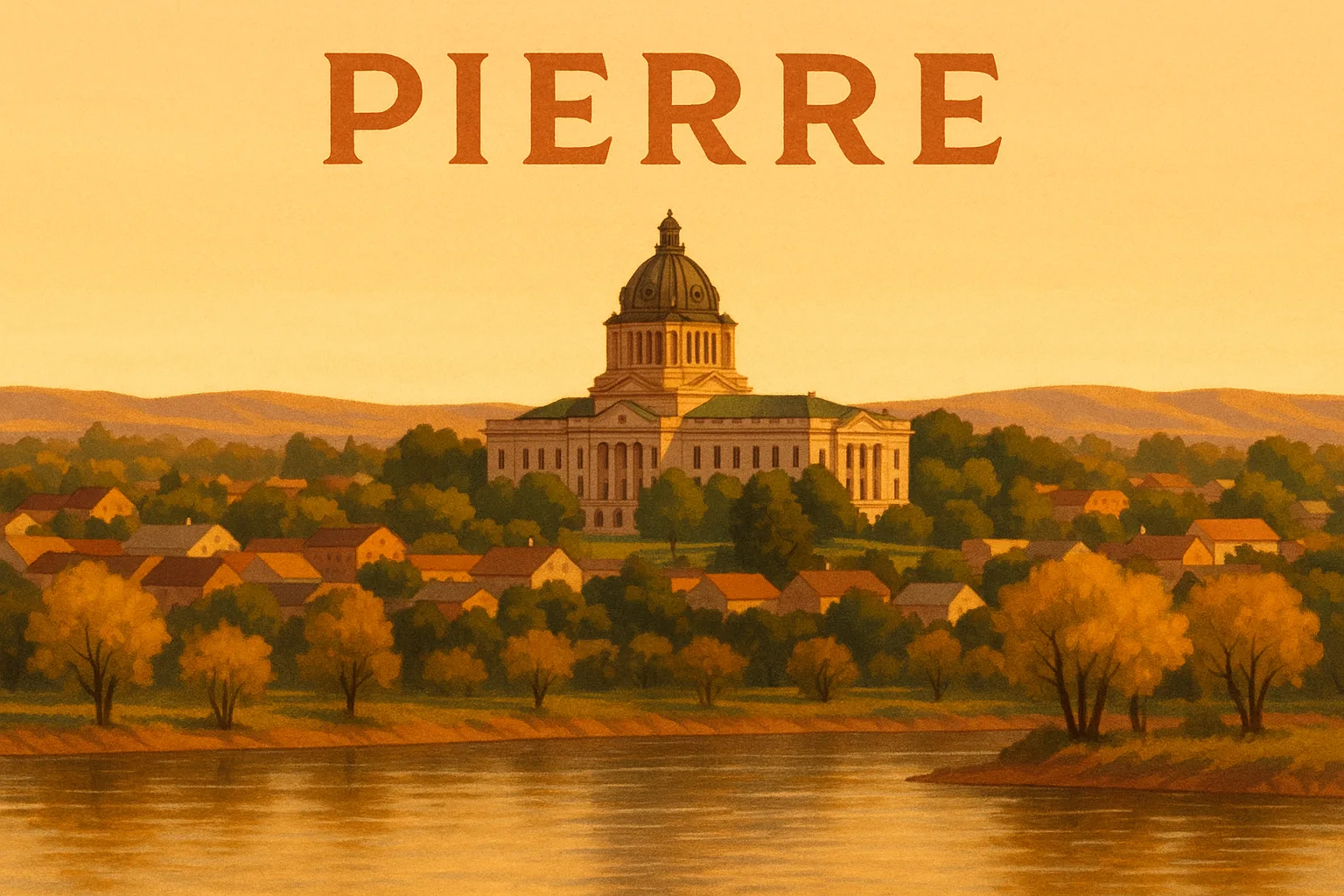 A warm, wide illustration of the Pierre skyline at golden hour above the Missouri River, the South Dakota State Capitol dome and its green grounds among low prairie-town rooftops, cottonwoods along the near bank under a clear amber sky.