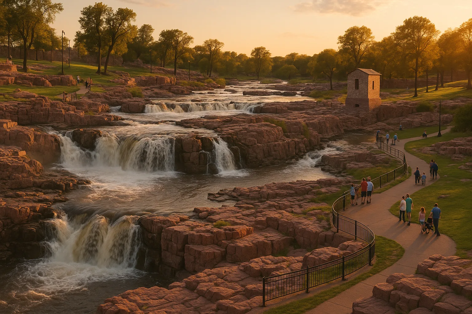 Falls Park in Sioux Falls at golden hour, the Big Sioux River tumbling over rose-pink quartzite ledges, families on the viewing paths and the old mill tower catching the last light.
