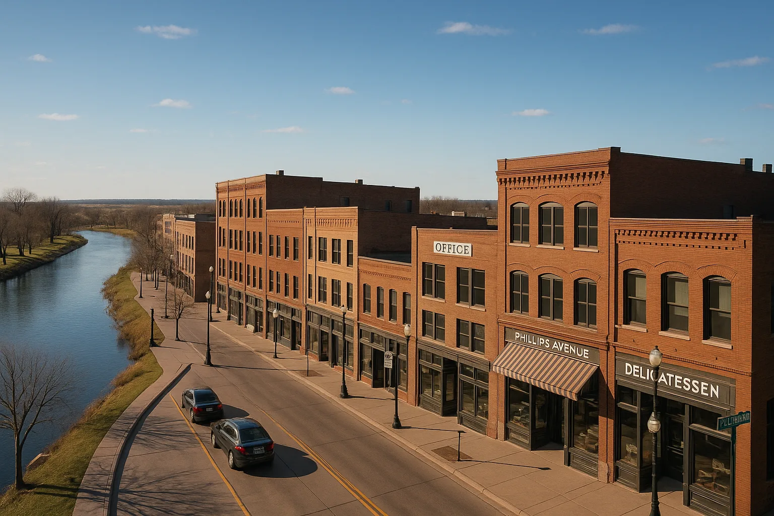 Downtown Sioux Falls, South Dakota on a clear morning: low-rise brick office buildings along Phillips Avenue with the Big Sioux River and prairie sky beyond.