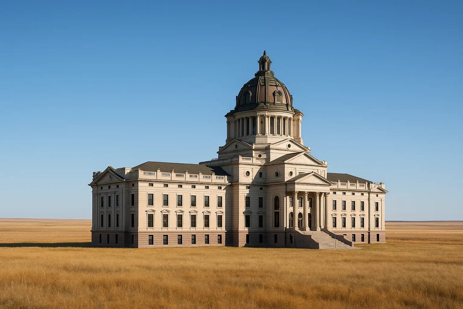 The South Dakota State Capitol building in Pierre with its copper-clad dome above wide open plains under a clear blue sky.