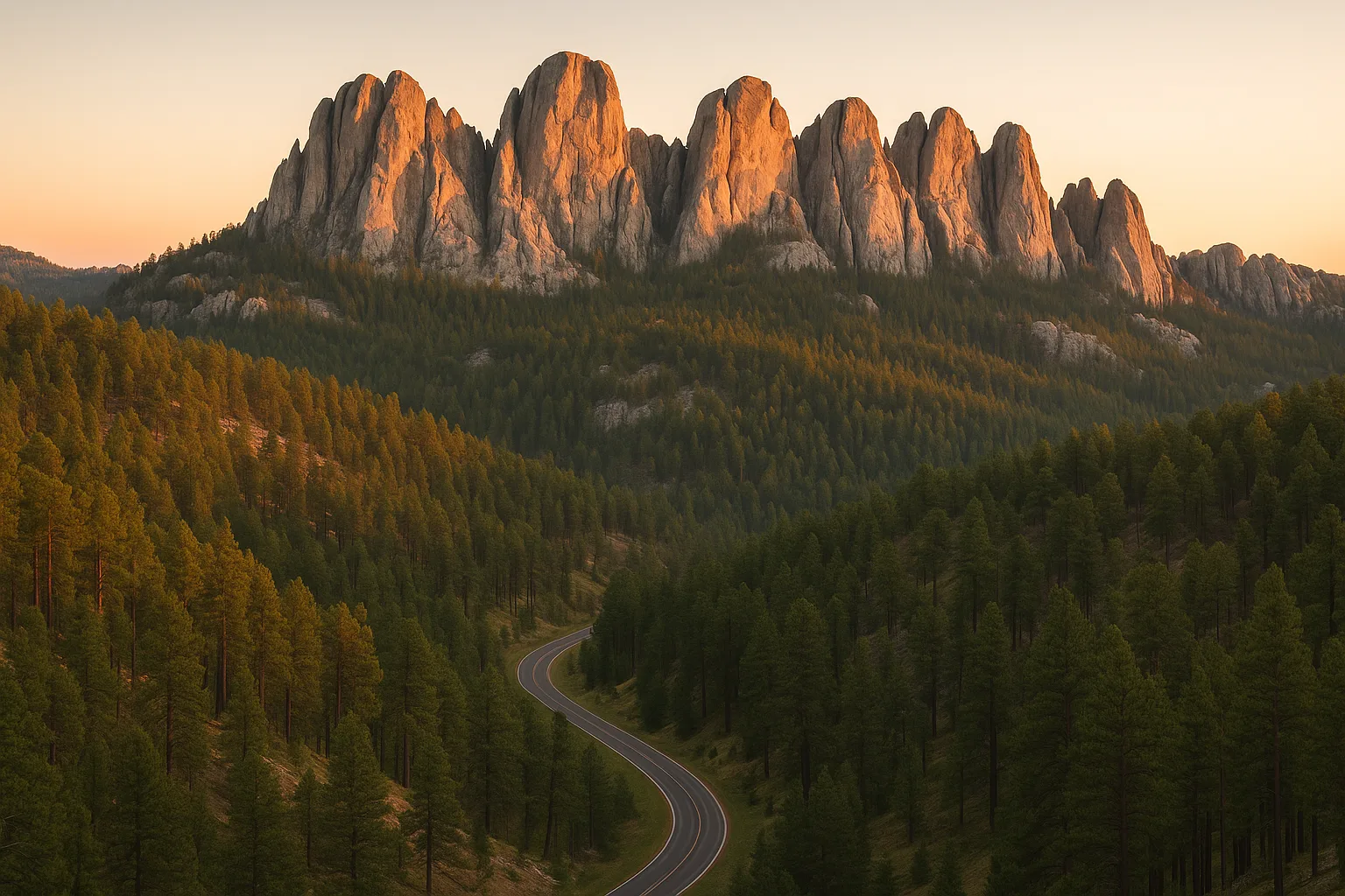 The Black Hills of South Dakota near Mount Rushmore at first light, granite faces above ponderosa pine ridges with a winding road through the forest below.