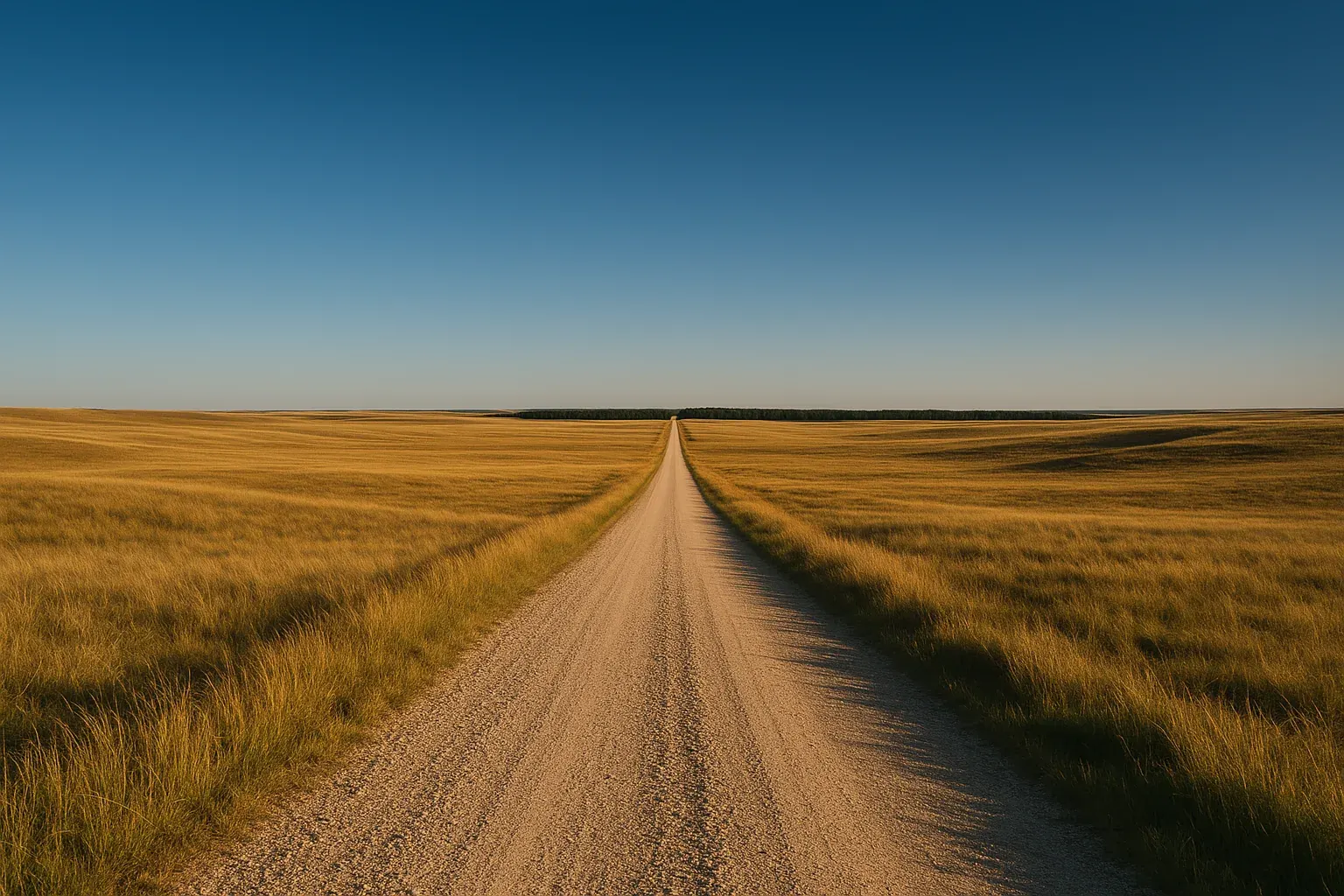 Wide open South Dakota grassland under a deep blue sky, a straight gravel road cutting through the prairie toward a distant treeline, late afternoon light casting long shadows across the land.