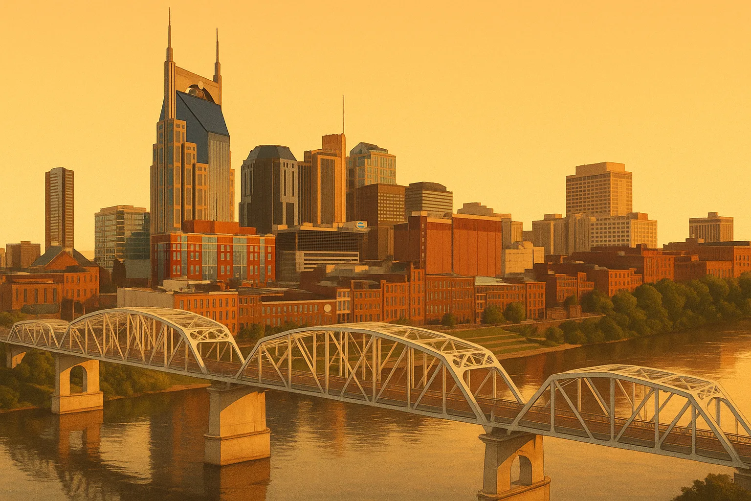 A warm, wide illustration of the Nashville skyline at golden hour seen across the Cumberland River, the AT&T tower and modern office towers behind the riverfront, the John Seigenthaler pedestrian bridge in the near view under a clear amber sky.