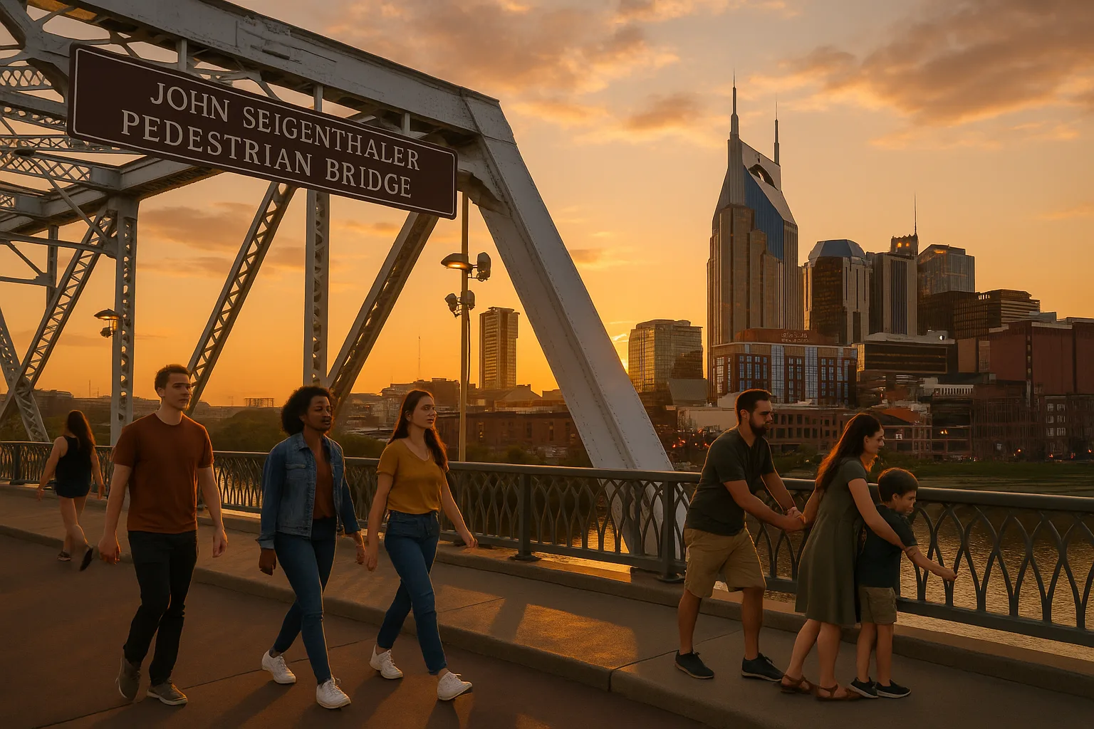 Pedestrians crossing the John Seigenthaler walking bridge over the Cumberland River at dusk, the Nashville skyline glowing gold behind them, a family pausing at the railing to watch the water.