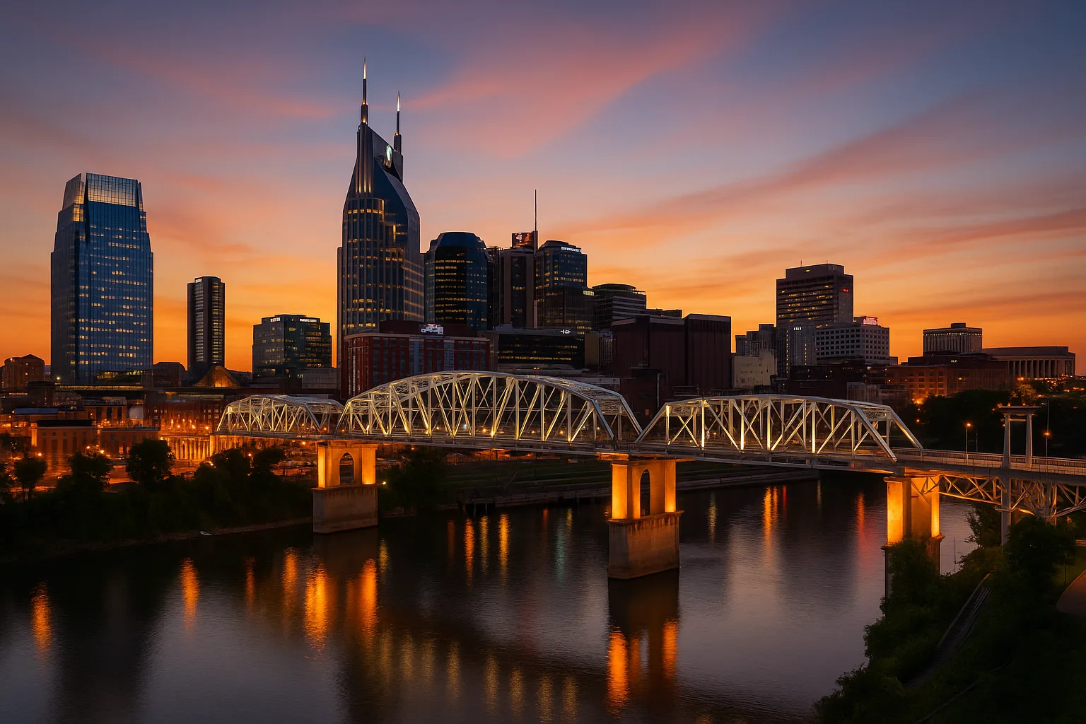 The Nashville, Tennessee skyline at dusk: glass office towers along the Cumberland River with the pedestrian bridge lit in the foreground under a warm evening sky.