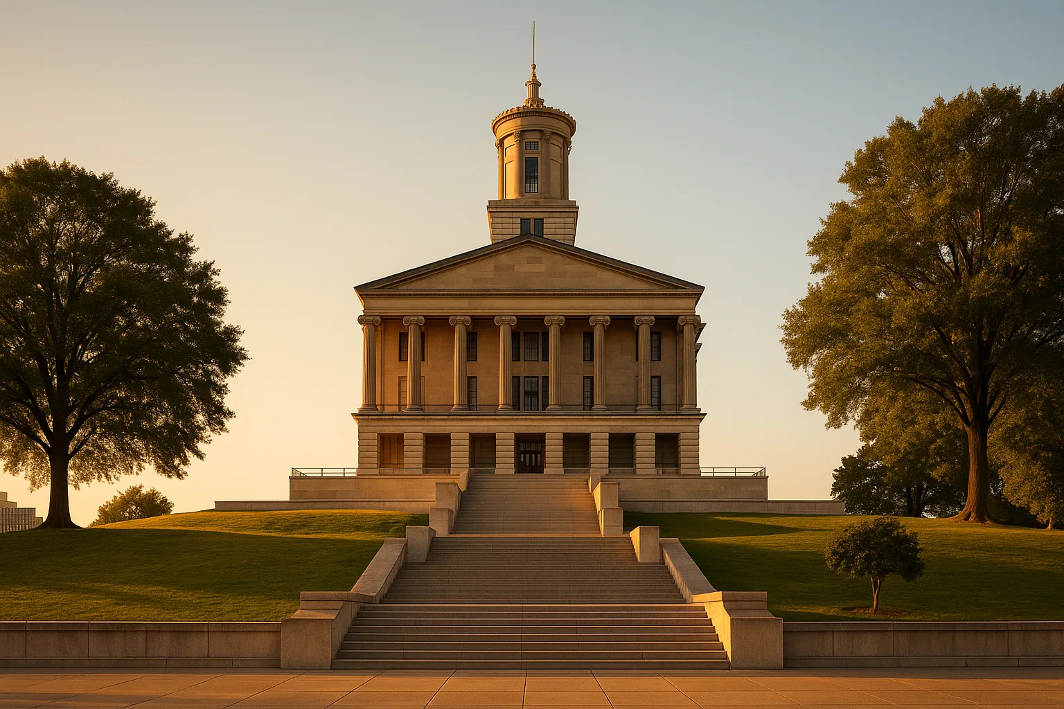 The Tennessee State Capitol in Nashville at golden hour, a Greek Revival limestone building on a hill above the city, wide steps and mature trees in the foreground beneath a warm clear sky.
